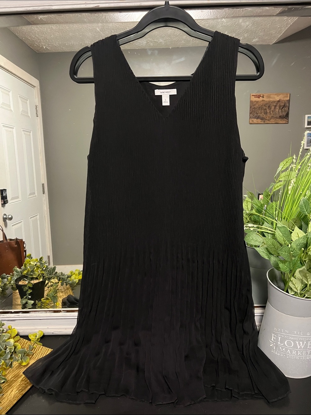 Nine West Black Pleated V-Neck Midi Dress